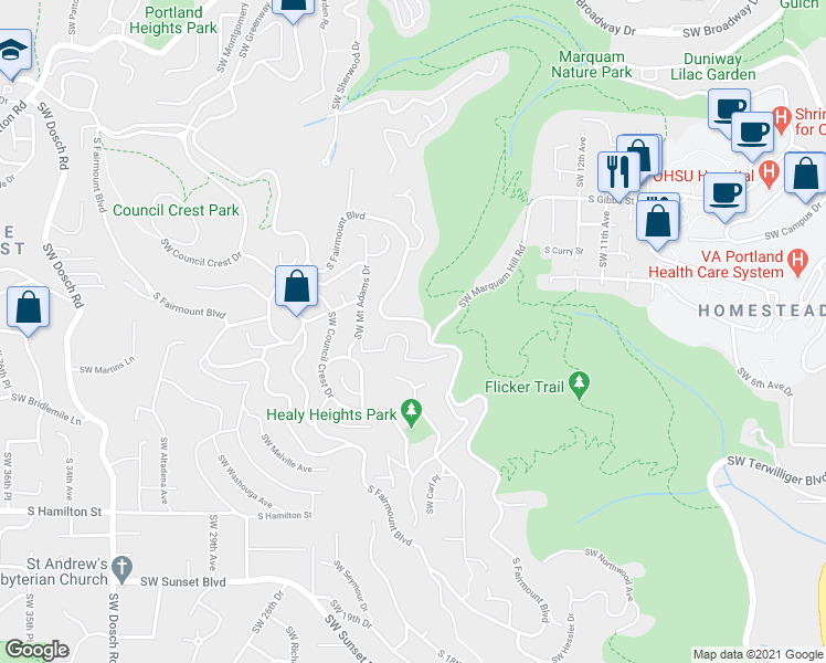 map of restaurants, bars, coffee shops, grocery stores, and more near 2025 SW Mt Hood Ln in Portland