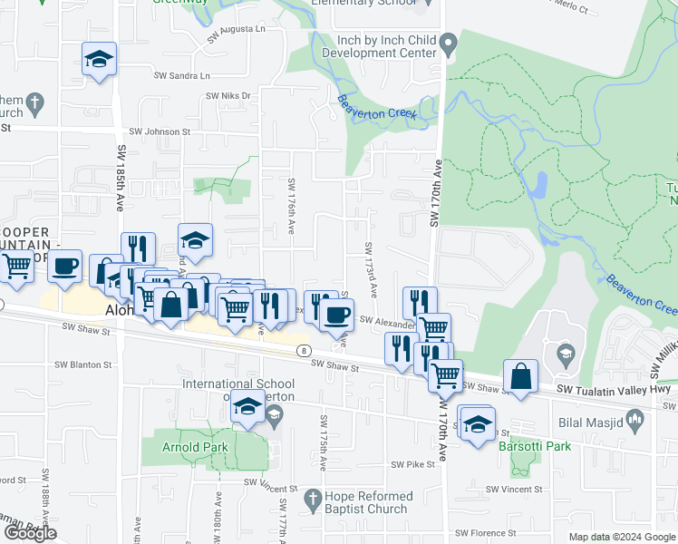 map of restaurants, bars, coffee shops, grocery stores, and more near 3353 Southwest 174th Avenue in Beaverton