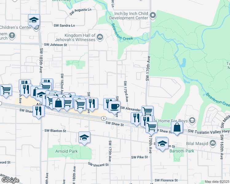 map of restaurants, bars, coffee shops, grocery stores, and more near 3353 Southwest 174th Avenue in Beaverton