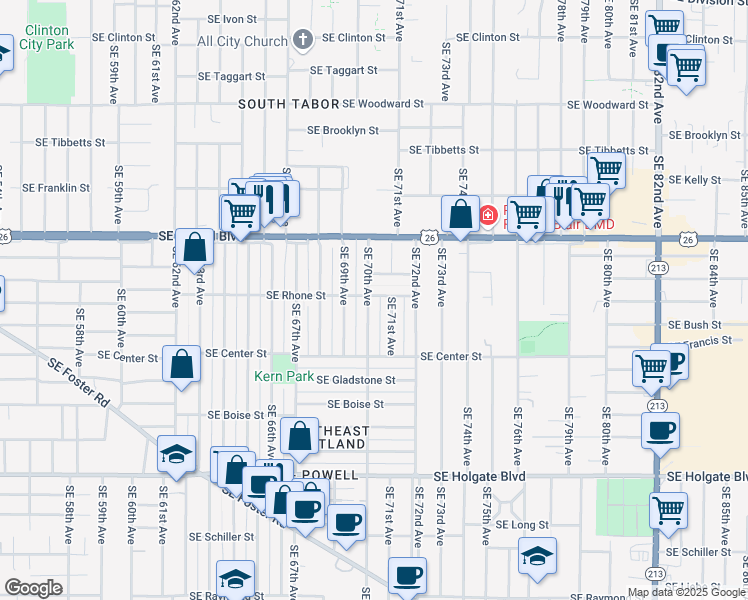 map of restaurants, bars, coffee shops, grocery stores, and more near 7008 Southeast Rhone Street in Portland
