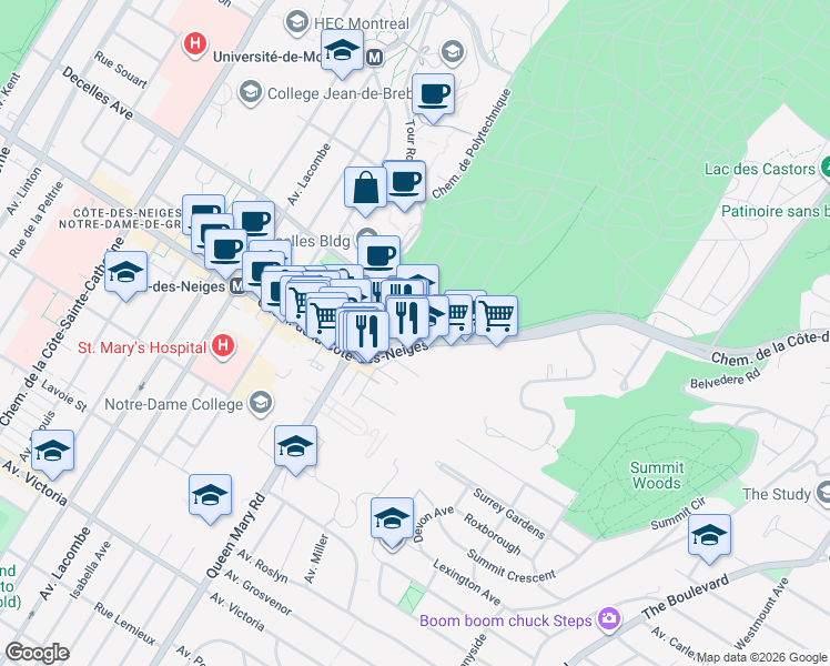 map of restaurants, bars, coffee shops, grocery stores, and more near 4911 Chemin de la Côte-des-Neiges in Montréal