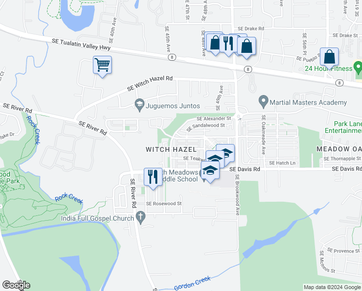 map of restaurants, bars, coffee shops, grocery stores, and more near 4561 Southeast Olivewood Street in Hillsboro