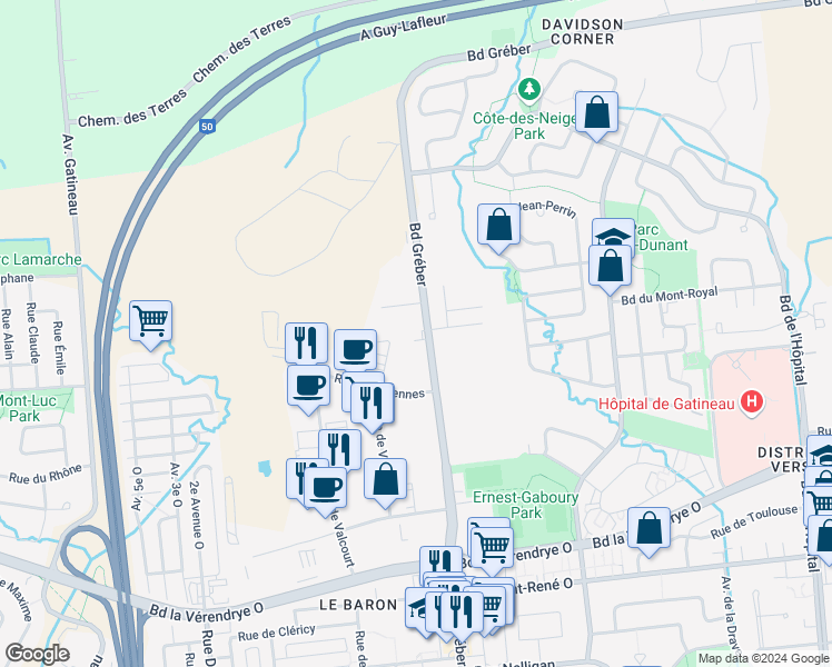 map of restaurants, bars, coffee shops, grocery stores, and more near 692 Boulevard Gréber in Gatineau