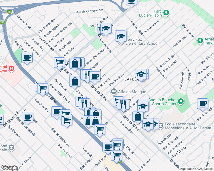 map of restaurants, bars, coffee shops, grocery stores, and more near 1865 Rue Stratton in Longueuil