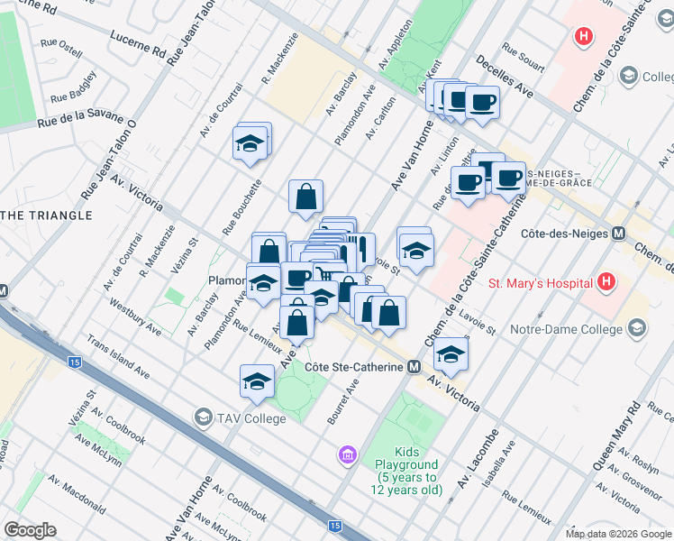 map of restaurants, bars, coffee shops, grocery stores, and more near Avenue Van Horne in Montreal
