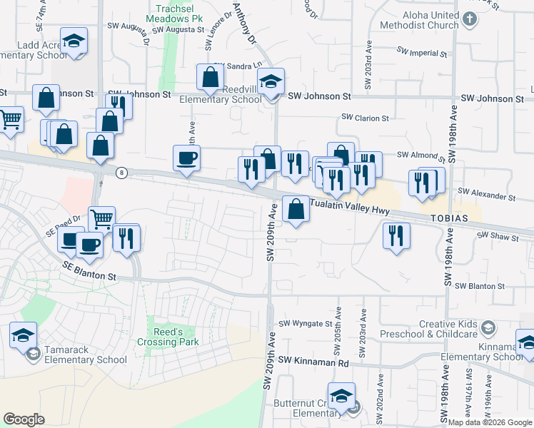 map of restaurants, bars, coffee shops, grocery stores, and more near 3311 Southwest 209th Avenue in Hillsboro