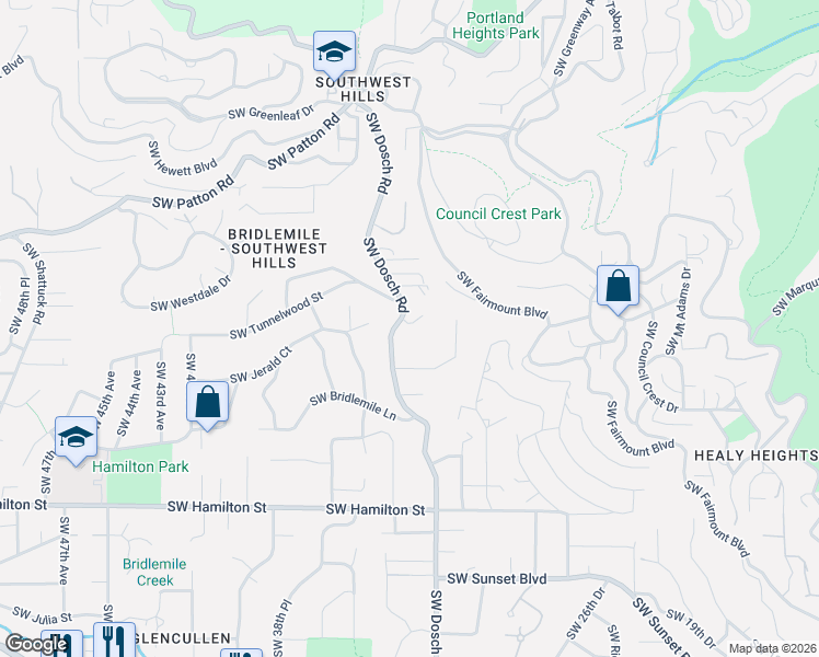 map of restaurants, bars, coffee shops, grocery stores, and more near 3840 Southwest Dosch Road in Portland