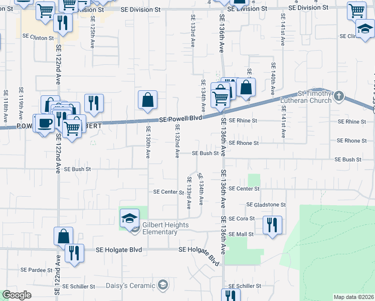 map of restaurants, bars, coffee shops, grocery stores, and more near 13247 Southeast Bush Street in Portland