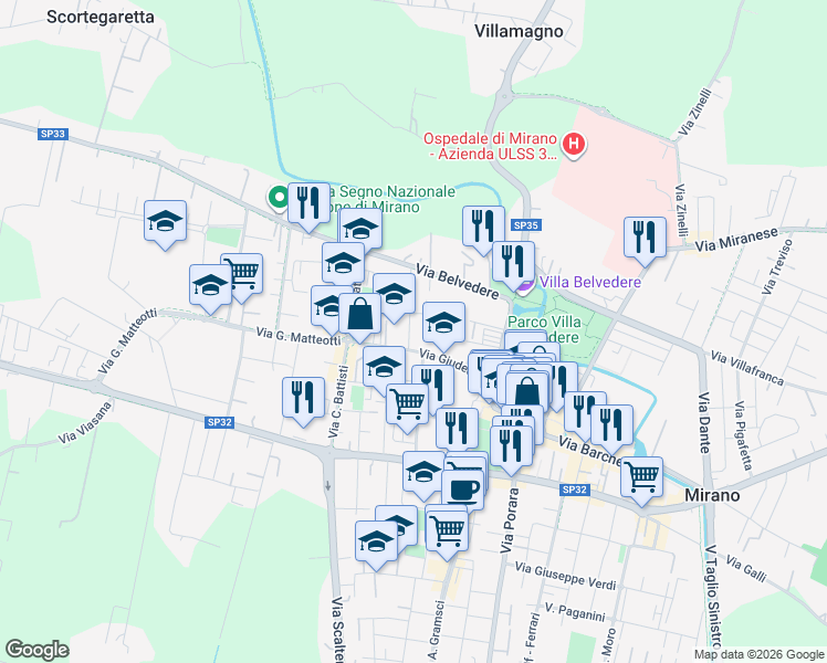 map of restaurants, bars, coffee shops, grocery stores, and more near 2 Via F. Filzi in Mirano