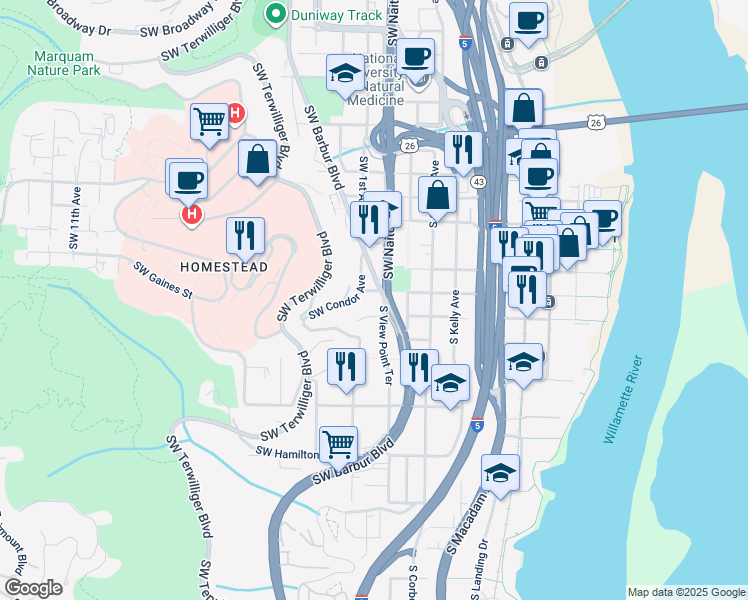 map of restaurants, bars, coffee shops, grocery stores, and more near 3811 Southwest Barbur Boulevard in Portland