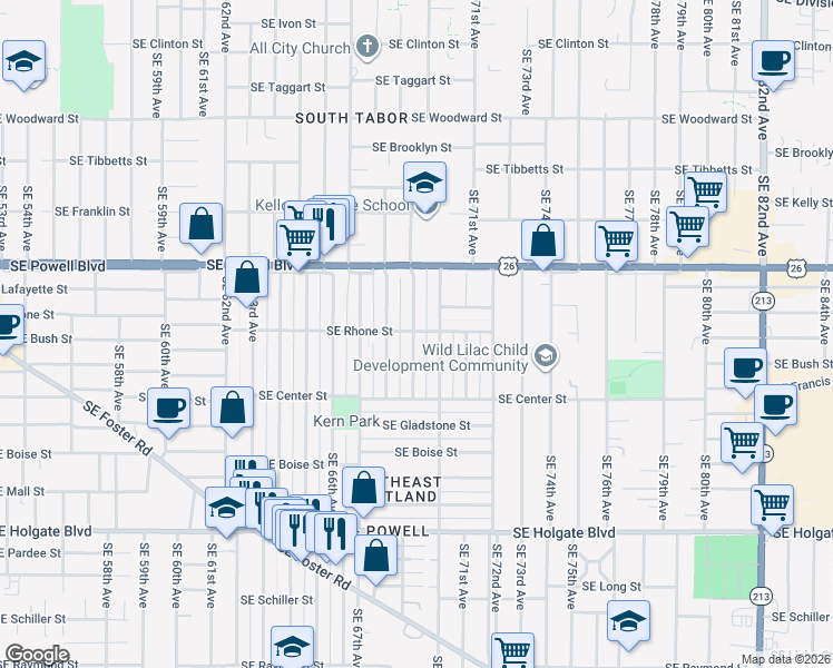 map of restaurants, bars, coffee shops, grocery stores, and more near 3804 Southeast 69th Avenue in Portland