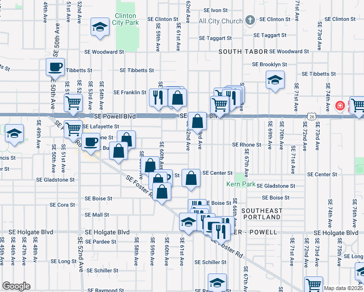 map of restaurants, bars, coffee shops, grocery stores, and more near 3803 Southeast 62nd Avenue in Portland