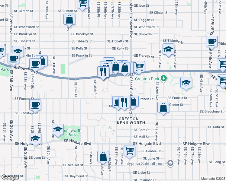 map of restaurants, bars, coffee shops, grocery stores, and more near 3661 Southeast Francis Street in Portland