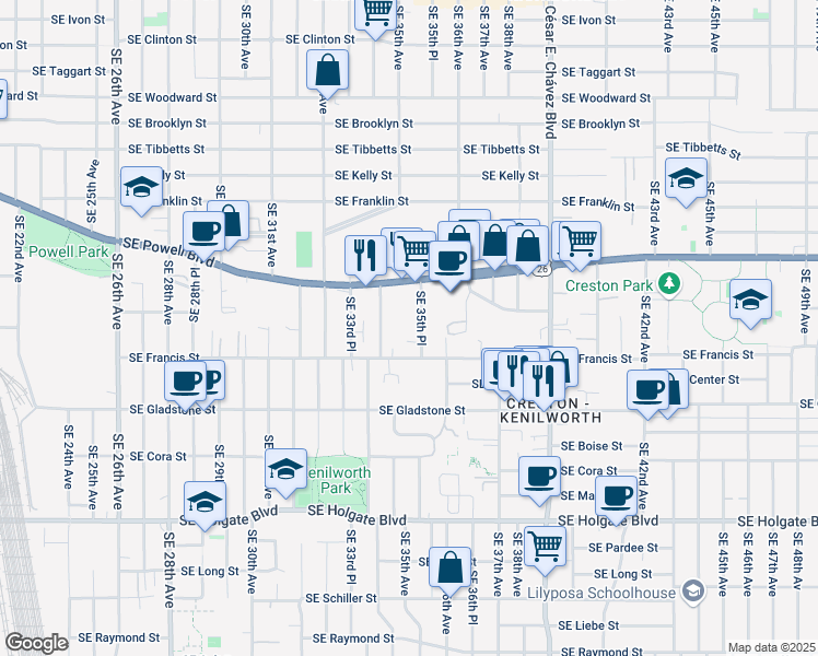 map of restaurants, bars, coffee shops, grocery stores, and more near 3523 Southeast Francis Street in Portland