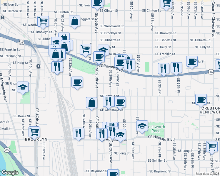 map of restaurants, bars, coffee shops, grocery stores, and more near in Portland