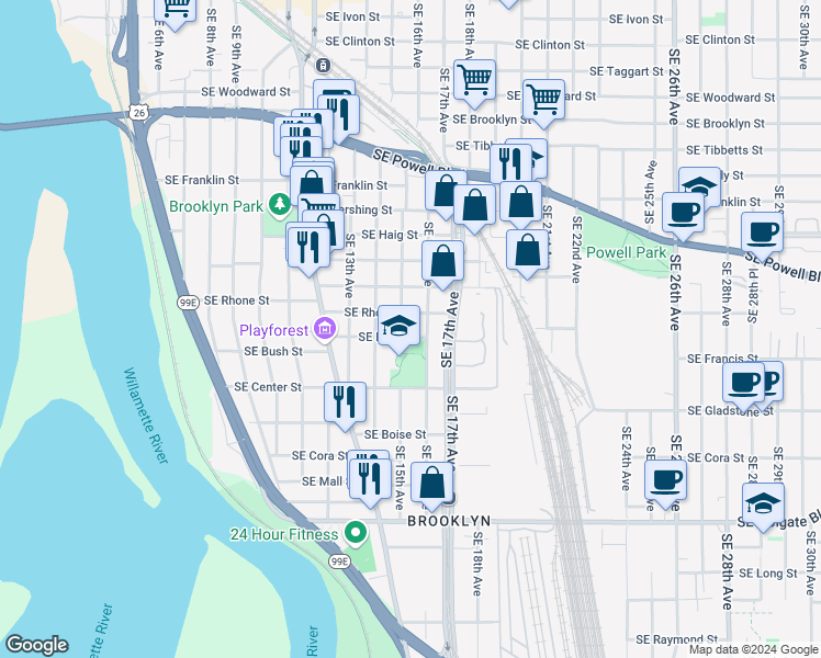map of restaurants, bars, coffee shops, grocery stores, and more near in Portland