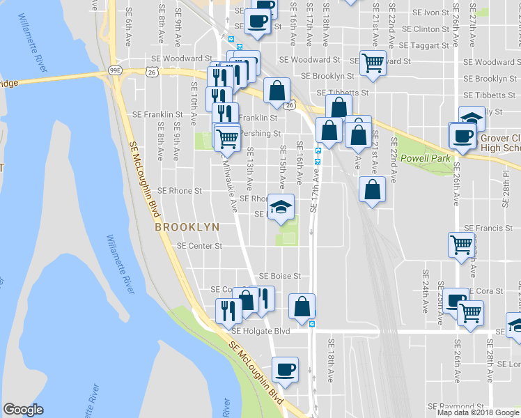 map of restaurants, bars, coffee shops, grocery stores, and more near 3828 Southeast 13th Avenue in Portland