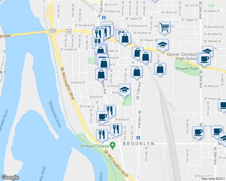 map of restaurants, bars, coffee shops, grocery stores, and more near 3828 Southeast 13th Avenue in Portland