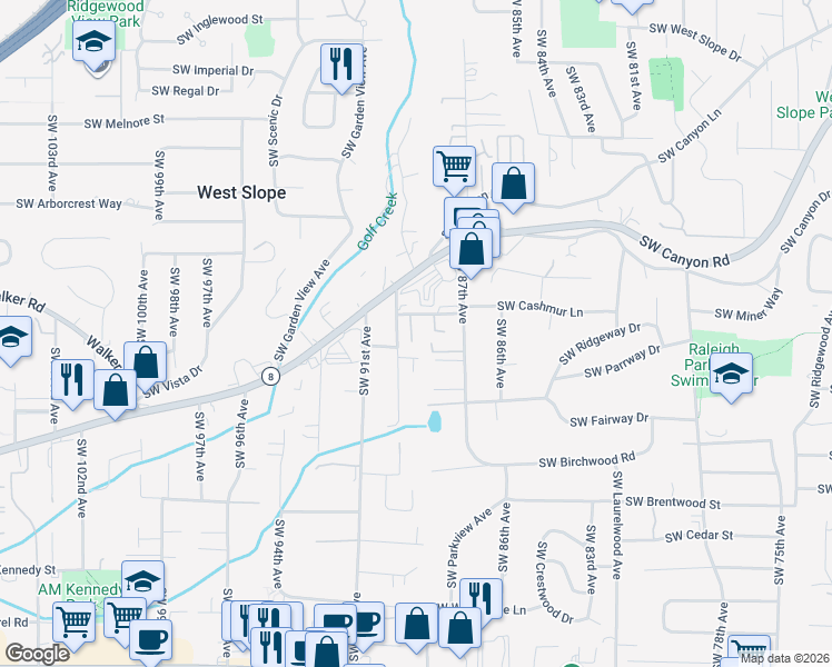 map of restaurants, bars, coffee shops, grocery stores, and more near 8979 Southwest Harmon Lane in Portland