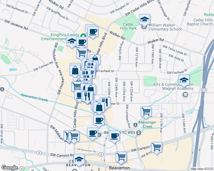 map of restaurants, bars, coffee shops, grocery stores, and more near 3462 Southwest 126th Avenue in Beaverton