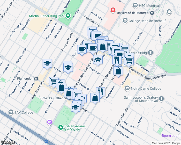 map of restaurants, bars, coffee shops, grocery stores, and more near 3975 Avenue Dupuis in Montréal