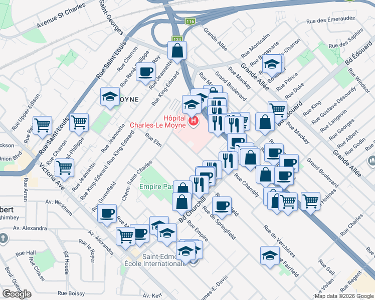 map of restaurants, bars, coffee shops, grocery stores, and more near 159 Rue de Verchères in Longueuil