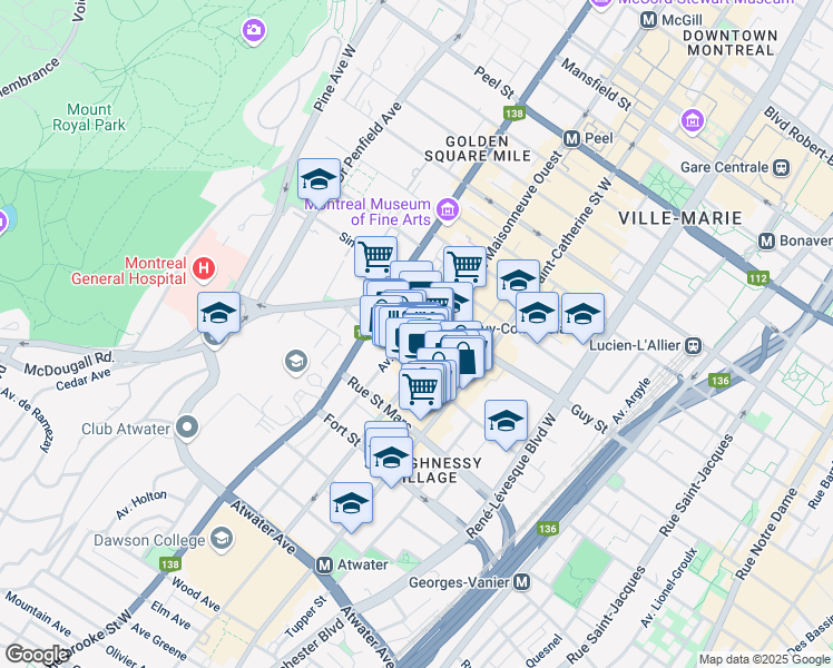 map of restaurants, bars, coffee shops, grocery stores, and more near 1650 Avenue Lincoln in Montreal