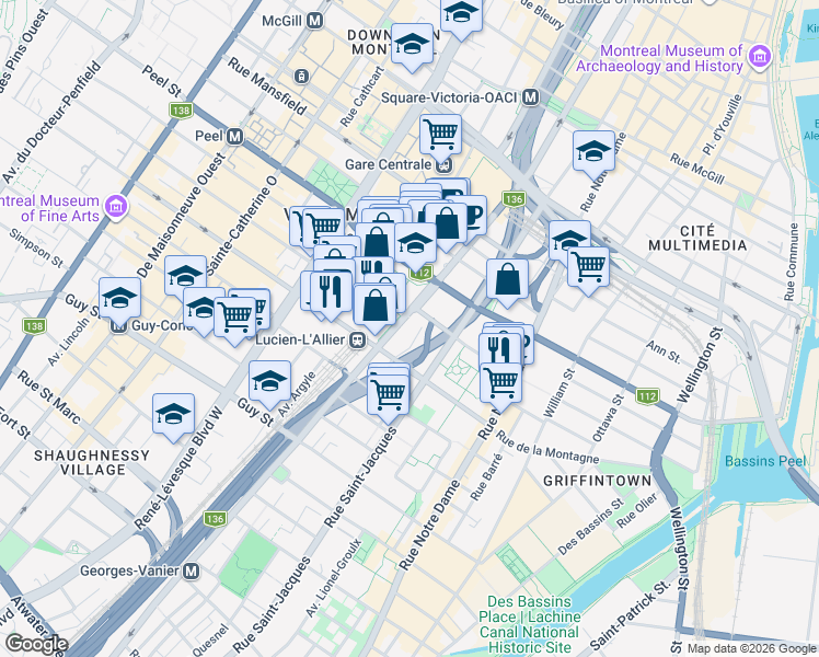 map of restaurants, bars, coffee shops, grocery stores, and more near 1188 Rue Saint-Antoine Ouest in Montréal