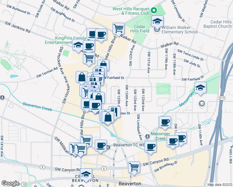map of restaurants, bars, coffee shops, grocery stores, and more near 3462 Southwest 126th Avenue in Beaverton