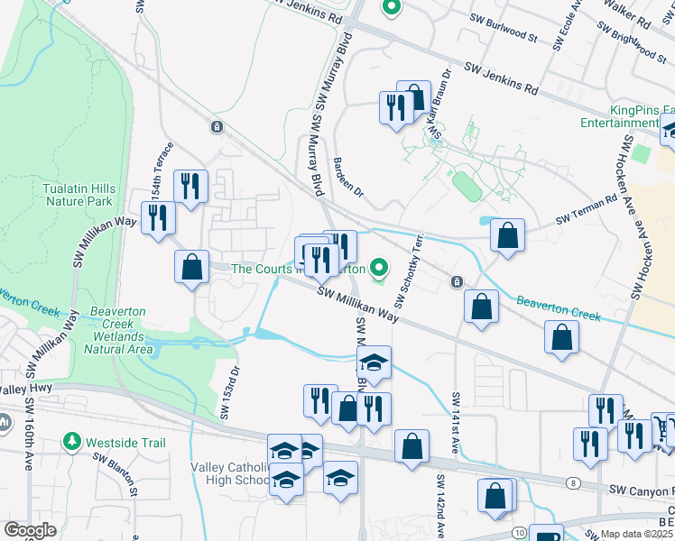 map of restaurants, bars, coffee shops, grocery stores, and more near 14615 Southwest Millikan Way in Beaverton