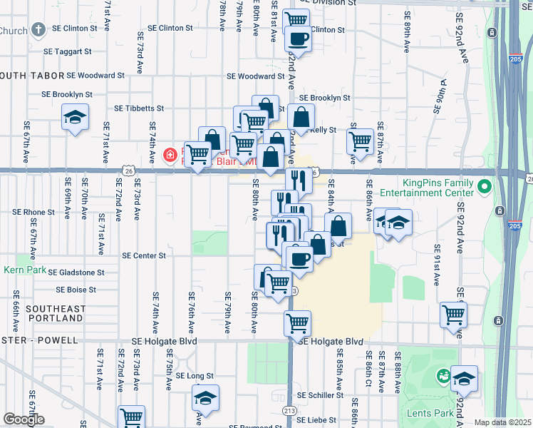 map of restaurants, bars, coffee shops, grocery stores, and more near 8021 Southeast Rhone Street in Portland