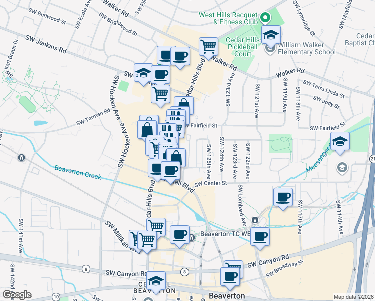 map of restaurants, bars, coffee shops, grocery stores, and more near 3390 Southwest Cedar Hills Boulevard in Beaverton