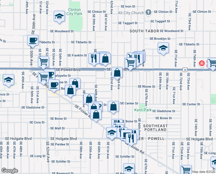 map of restaurants, bars, coffee shops, grocery stores, and more near 3803 Southeast 62nd Avenue in Portland