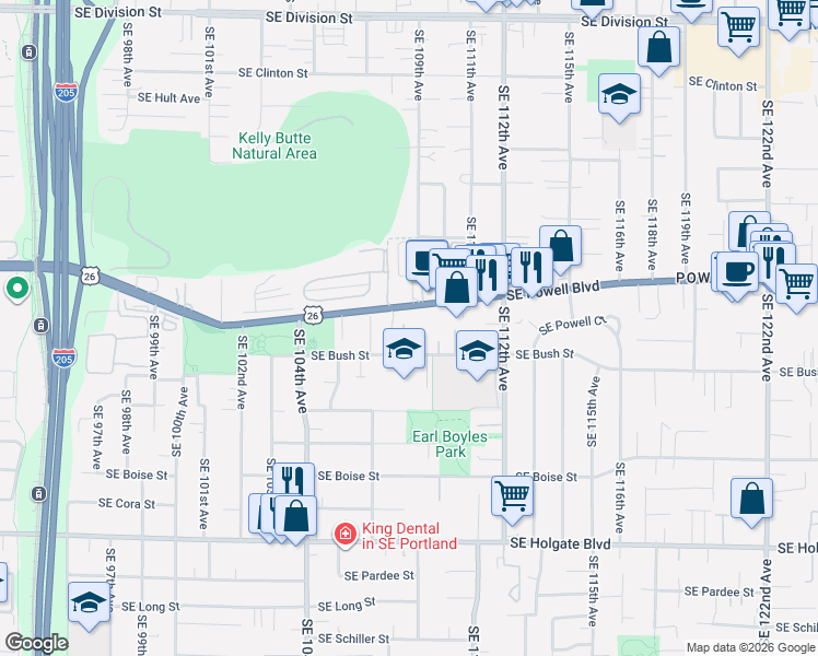 map of restaurants, bars, coffee shops, grocery stores, and more near 10815 Southeast Bush Street in Portland