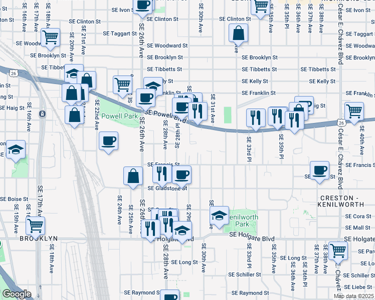 map of restaurants, bars, coffee shops, grocery stores, and more near 3710 Southeast 28th Place in Portland