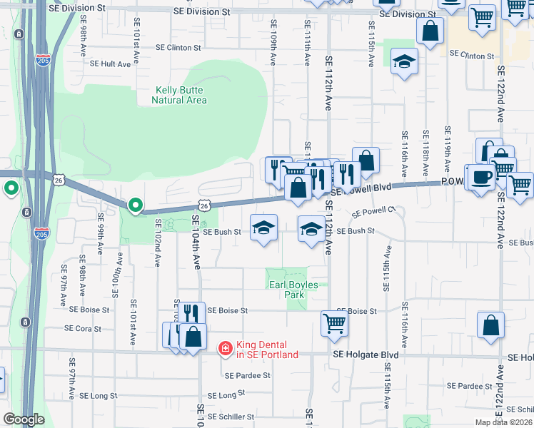 map of restaurants, bars, coffee shops, grocery stores, and more near 10839 Southeast Bush Street in Portland