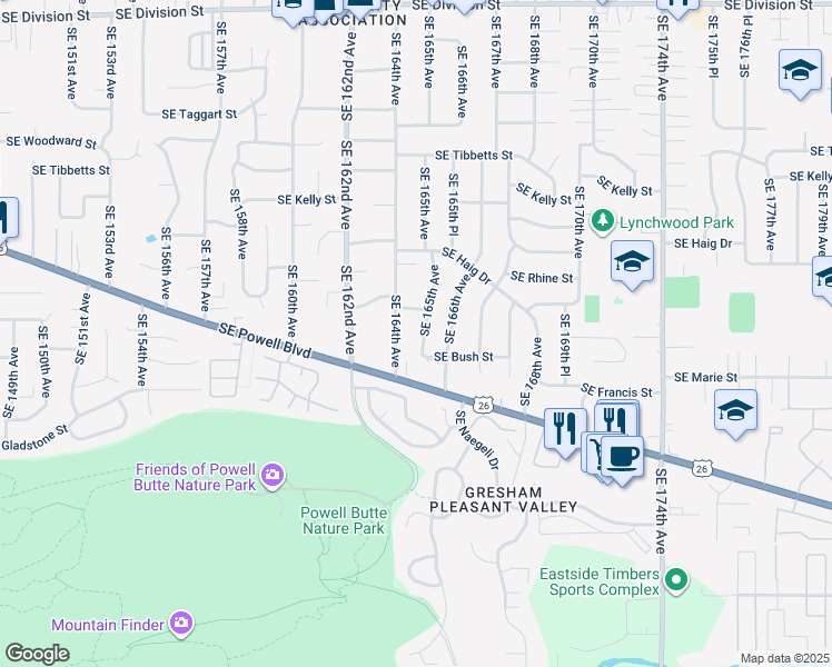 map of restaurants, bars, coffee shops, grocery stores, and more near 3701 Southeast 165th Avenue in Portland