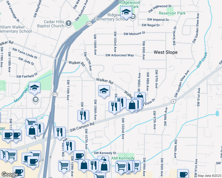 map of restaurants, bars, coffee shops, grocery stores, and more near 3500 Southwest 104th Avenue in Beaverton