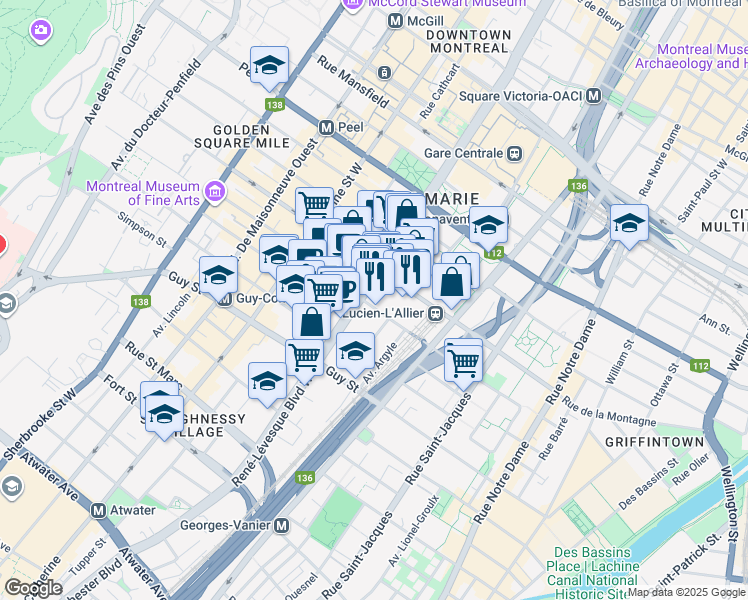 map of restaurants, bars, coffee shops, grocery stores, and more near 1360 Boulevard René-Lévesque Ouest in Montréal