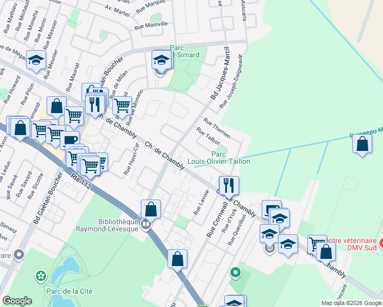 map of restaurants, bars, coffee shops, grocery stores, and more near 7054 Rue Tourangeau in Longueuil