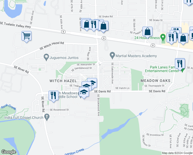 map of restaurants, bars, coffee shops, grocery stores, and more near 3377 Southeast Brookwood Avenue in Hillsboro