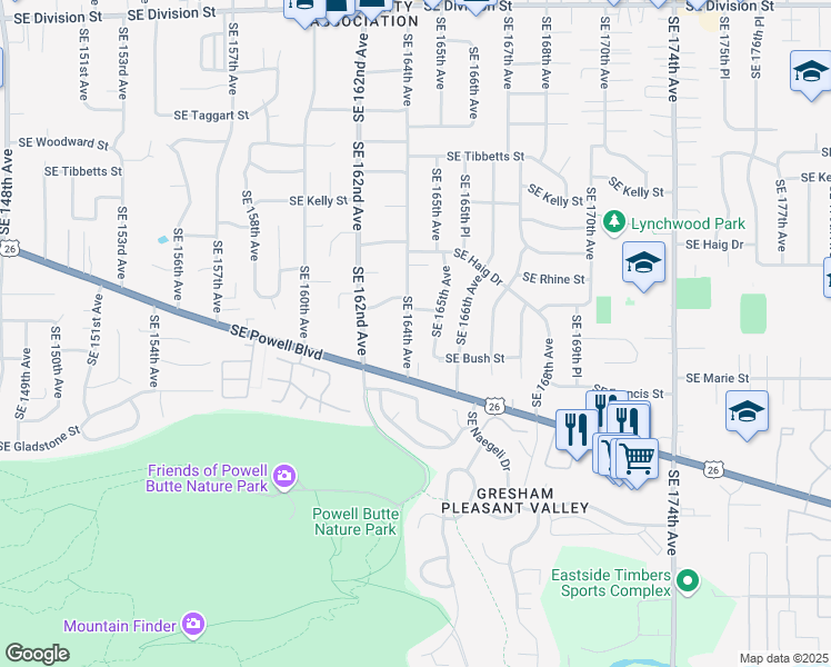 map of restaurants, bars, coffee shops, grocery stores, and more near 3800 Southeast 164th Avenue in Portland
