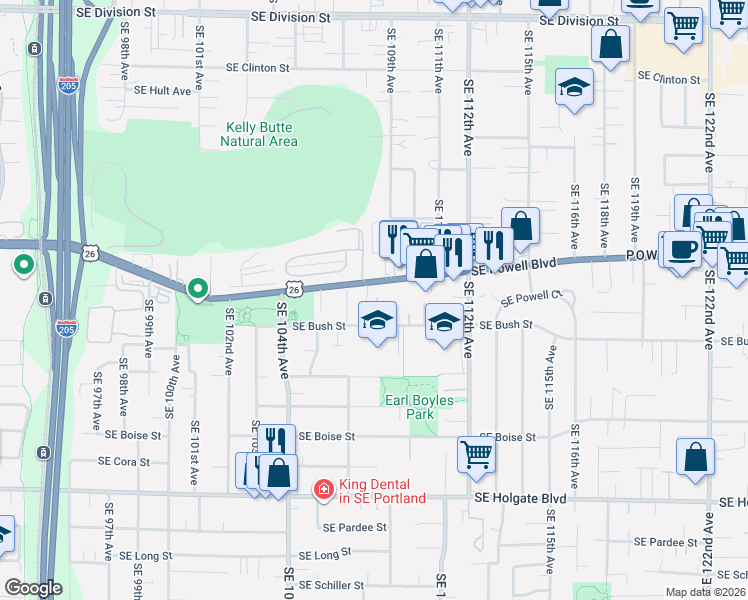 map of restaurants, bars, coffee shops, grocery stores, and more near 10839 Southeast Bush Street in Portland