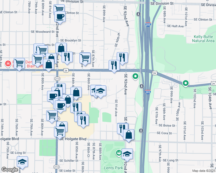 map of restaurants, bars, coffee shops, grocery stores, and more near 8930 Southeast 86th Avenue in Portland