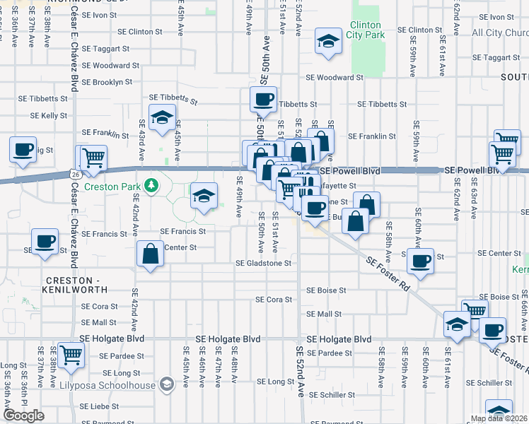 map of restaurants, bars, coffee shops, grocery stores, and more near 4930 Southeast Bush Street in Portland