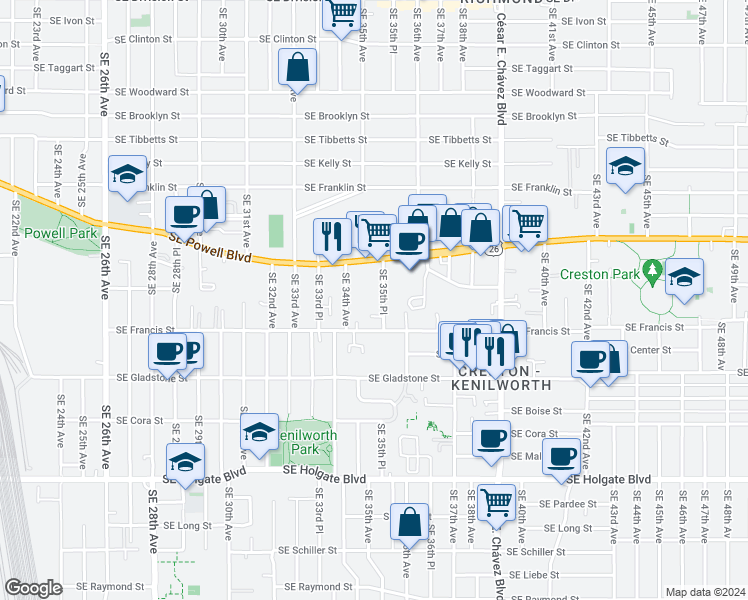 map of restaurants, bars, coffee shops, grocery stores, and more near 3523 Southeast Francis Street in Portland