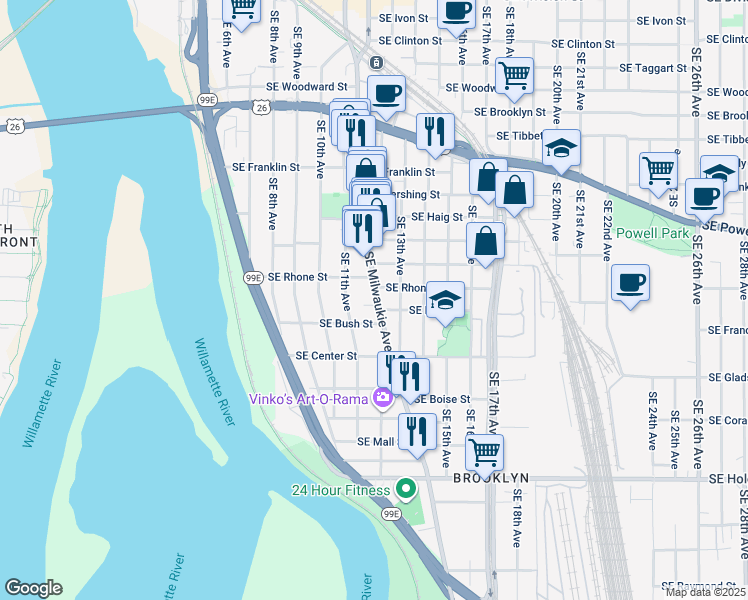map of restaurants, bars, coffee shops, grocery stores, and more near 3833 Southeast Milwaukie Avenue in Portland