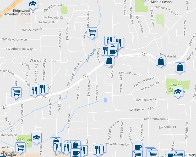 map of restaurants, bars, coffee shops, grocery stores, and more near 8979 Southwest Harmon Lane in Portland