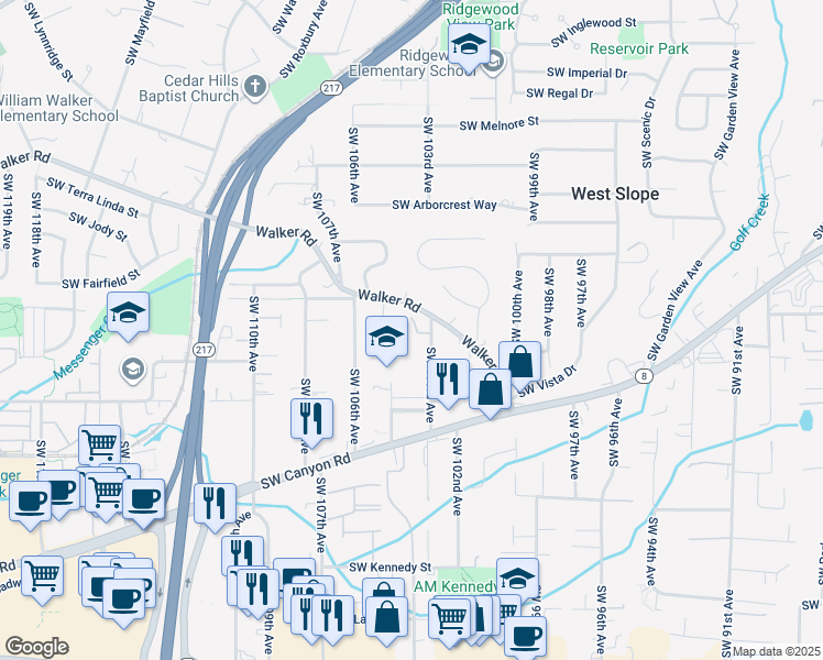 map of restaurants, bars, coffee shops, grocery stores, and more near 3500 Southwest 104th Avenue in Beaverton