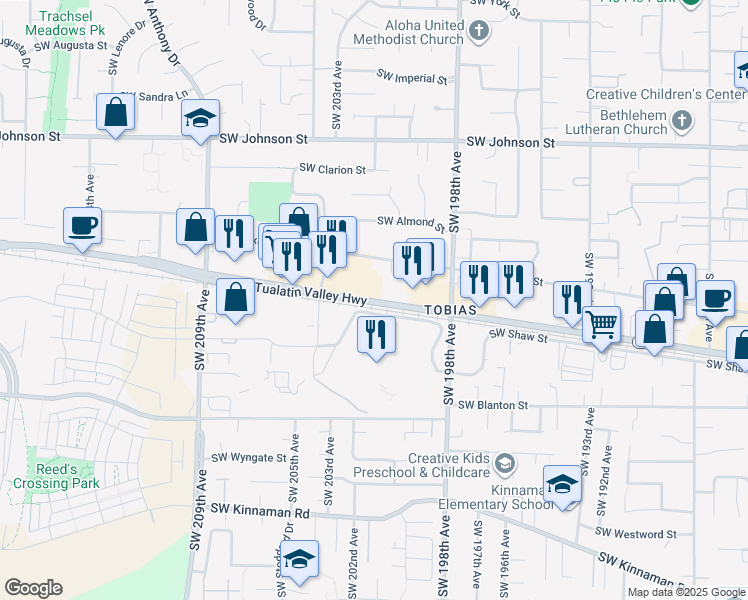 map of restaurants, bars, coffee shops, grocery stores, and more near Southwest Tualatin Valley Highway in Aloha
